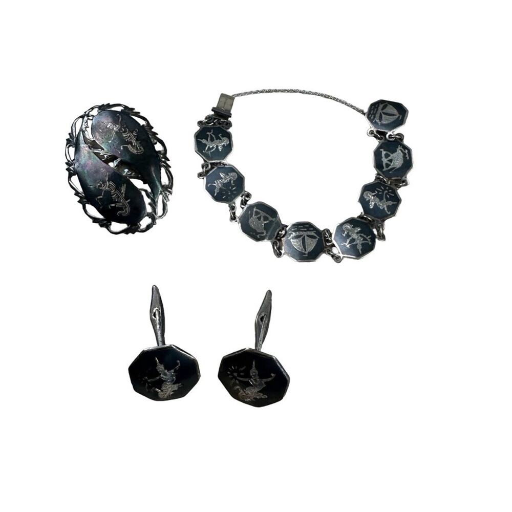 Siam Sterling Silver Niello Jewelry Lot Bracelet Brooch Cufflinks Thailand